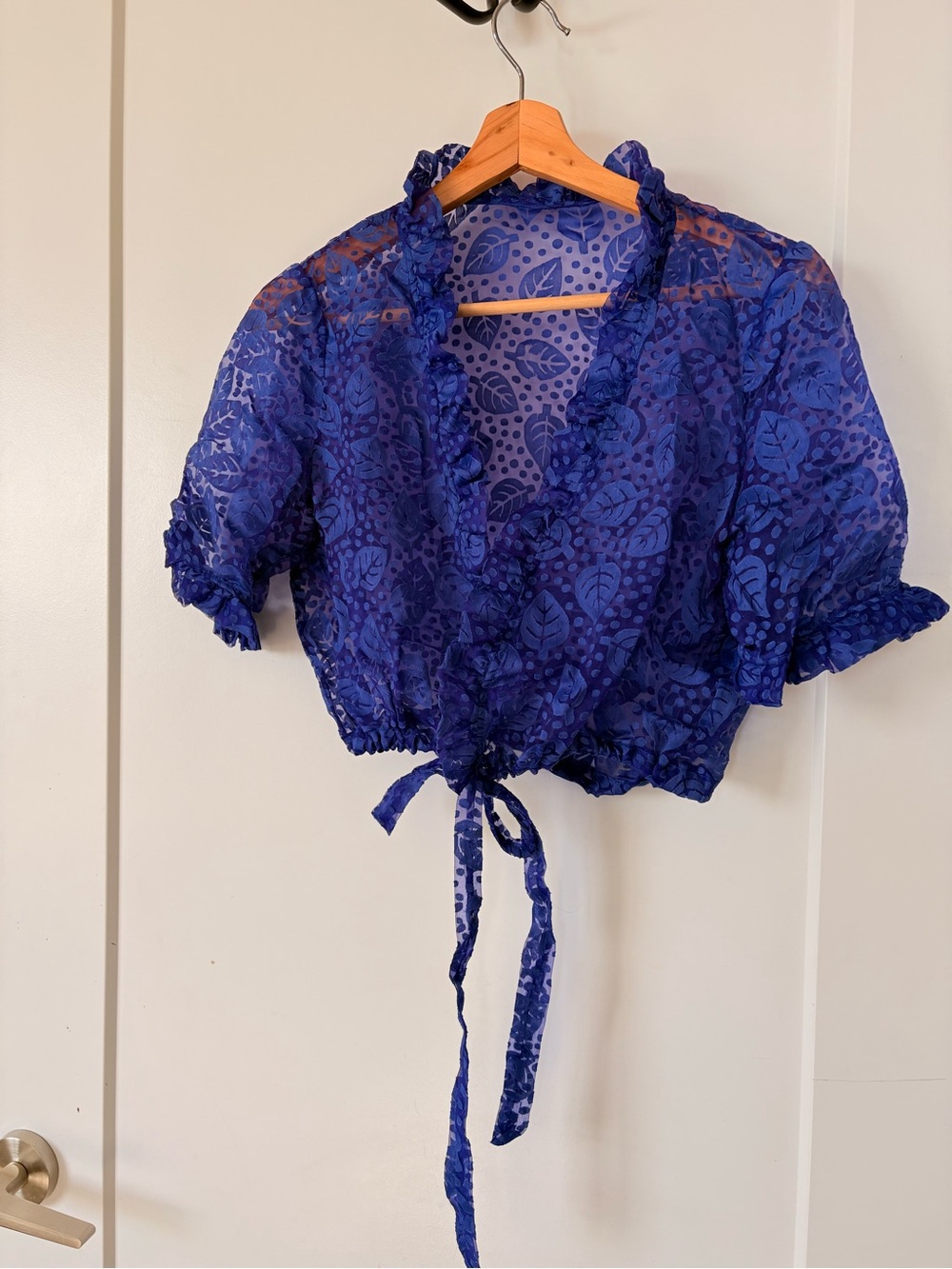 Sheer Ruffle Tie-Front Crop Top - Royal Blue